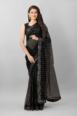 RUCHKET Embroidered Bollywood Net Saree(Black)