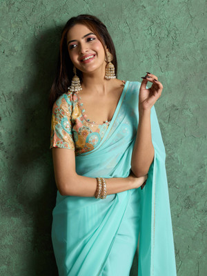 RekhaManiyar Dyed Bollywood Chiffon Saree(Blue)