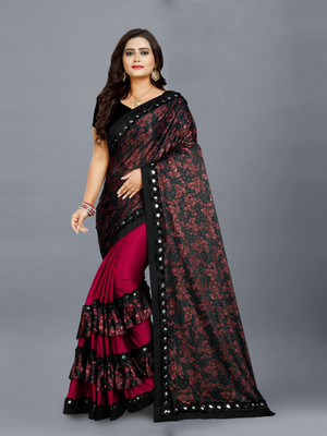 Ejoty Fashion Floral Print Bollywood Lycra Blend Saree(Black)