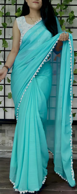 HIJA TRENDZ Solid/Plain Bollywood Georgette Saree(Light Blue)
