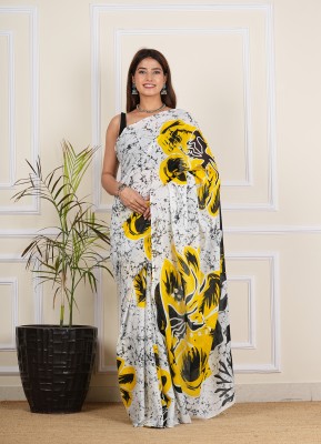 Suruchi Printed, Blocked Printed Daily Wear Cotton Blend, Cotton Silk Saree(Yellow, White)