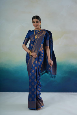 Vichitra Woven, Self Design Banarasi Silk Blend, Jacquard Saree(Blue)