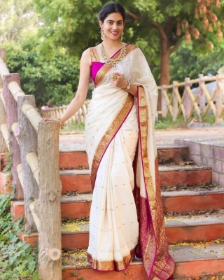 Nimidiya Woven Kanjivaram Pure Silk, Art Silk Saree(White)