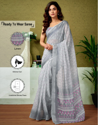 Satrani Floral Print, Printed, Embellished Bollywood Linen Saree(Grey, White)