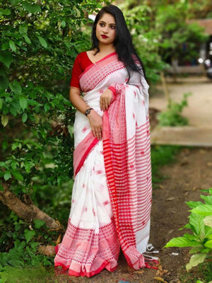 ADbutiq Self Design, Striped Bollywood Handloom Pure Cotton Saree(White)