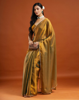 LOROFY Embellished Bollywood Tissue, Silk Blend Saree(Gold)
