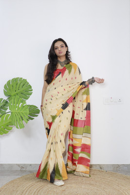 shiv textiles Printed Bollywood Pure Cotton Saree(Cream)