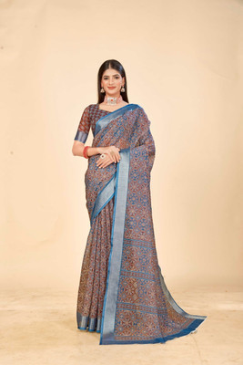 Rachna Printed Daily Wear Linen Saree(Brown)