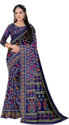 Sunshine Trendz Floral Print Bollywood Cotton Blend Saree(Dark Blue)