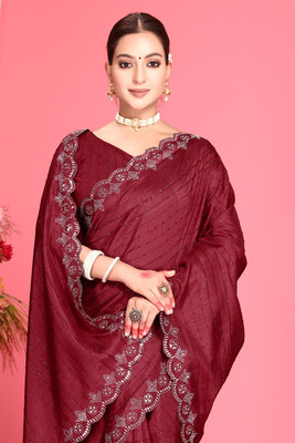 DS Creations Striped, Embellished, Embroidered Bollywood Georgette Saree(Maroon)