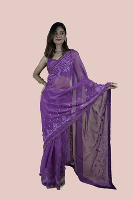 JS Clothing Mart Embroidered Bollywood Chiffon Saree(Purple)