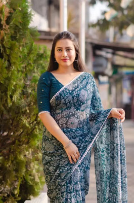 Suali Animal Print Bollywood Chiffon Saree(Light Blue)