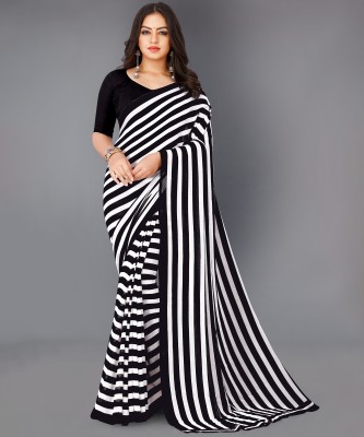 Anand Sarees Printed, Striped Daily Wear Georgette Saree(White, Black)
