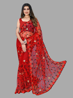 YARA CREATION Embroidered Bollywood Net Saree(Red)