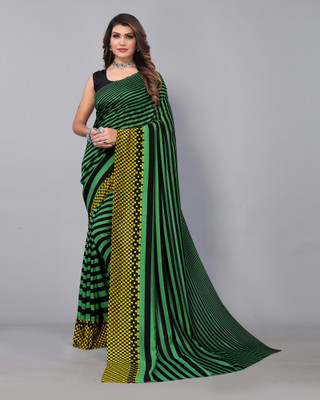 Shaily Retails Striped, Printed Daily Wear Georgette Saree(Green, Black)