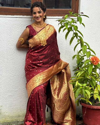 The Style Sanctuary Woven Paithani Silk Blend Saree(Maroon)
