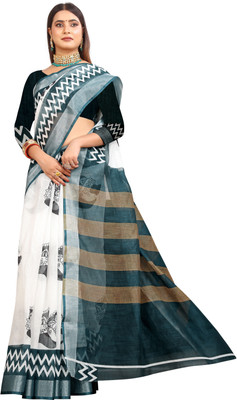 M MAANVIT Woven, Printed Kanjivaram Pure Cotton, Cotton Linen Saree(White, Black)