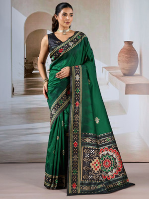 Sareemall Printed Patola Silk Blend Saree(Dark Green)