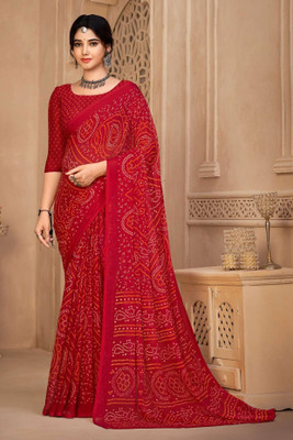 Swarne Geometric Print Bandhani Chiffon Saree(Red)