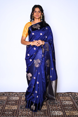 Dridh Textiles Floral Print Banarasi Silk Blend Saree(Blue)