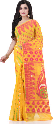 TANTLOOM Woven Jamdani Handloom Cotton Blend Saree(Yellow)