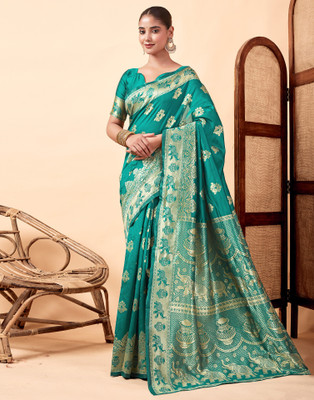 Samah Woven Banarasi Silk Blend, Jacquard Saree(Light Blue, Gold)
