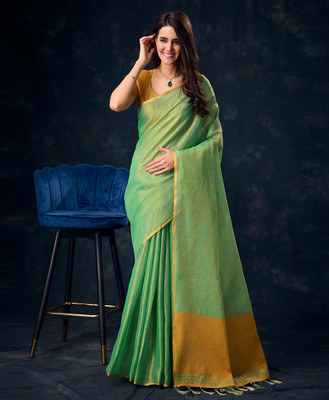 RekhaManiyar Solid/Plain Saree with Attached Blouse Tissue Saree(Green)