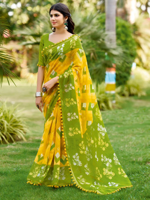 Sareemall Printed Hand Batik Cotton Blend Saree(Multicolor)