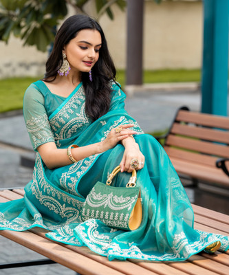 Krishna R fashion Embroidered Bandhani Supernet Saree(Light Blue)