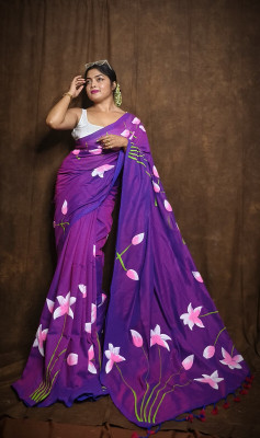 BBSaree Hand Painted Bollywood Cotton Blend Saree(Purple)