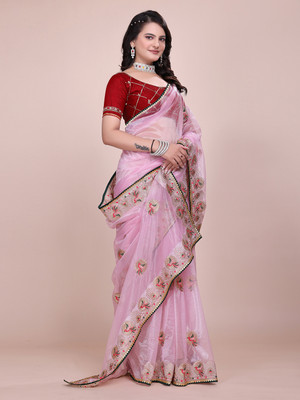 yourwish Embroidered Baluchari Organza Saree(Pink)