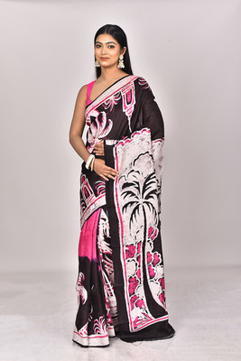 Ramshyam Collection Printed Hand Batik Pure Silk Saree(Black)
