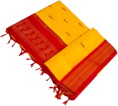 sri amman sarees Self Design Gadwal Cotton Blend Saree(Yellow)