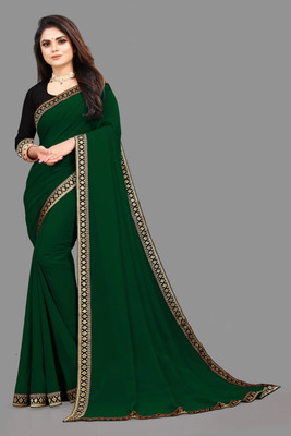 Aai shree khodiyar Solid/Plain, Embroidered Daily Wear Georgette, Chiffon Saree(Dark Green)