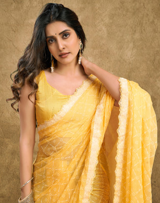 Samah Printed, Embellished Bollywood Chiffon, Lace Saree(Yellow)