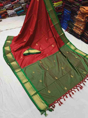 NST5 Woven Kanjivaram Cotton Silk, Organza Saree(Red, Green)
