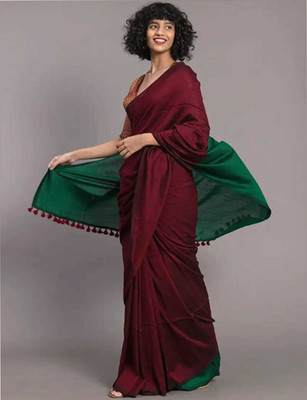 HouseOfCommon Solid/Plain Handloom Cotton Blend Saree(Maroon, Dark Green)