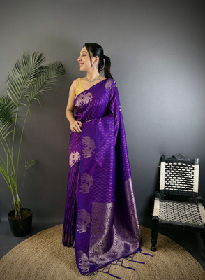 Tasrika Solid/Plain Banarasi Cotton Silk Saree(Purple)