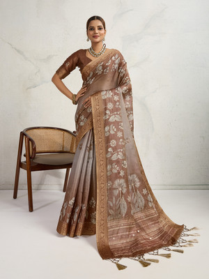 RekhaManiyar Printed, Woven Saree with Attached Blouse Silk Blend Saree(Brown)