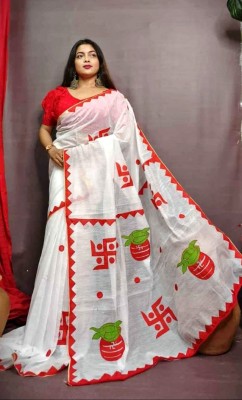 RIDDHIMAN FASHION Printed Tant Cotton Silk Saree(White)