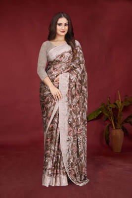 jihana fab Printed Kanjivaram Chiffon, Silk Blend Saree(Brown)