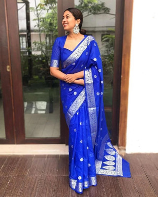 Rudr Ventures Embroidered Banarasi Jacquard Saree(Blue)