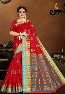 RANJANA CREATION Embroidered Banarasi Cotton Silk Saree(Red, Blue)