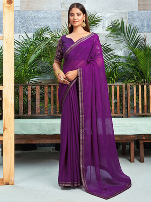 SainiVastra Striped Bollywood Chiffon Saree(Purple)