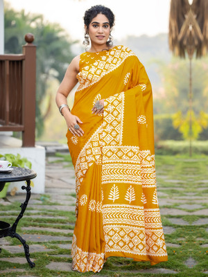 Anouk Rustic Printed Daily Wear Cotton Blend Saree(Mustard)