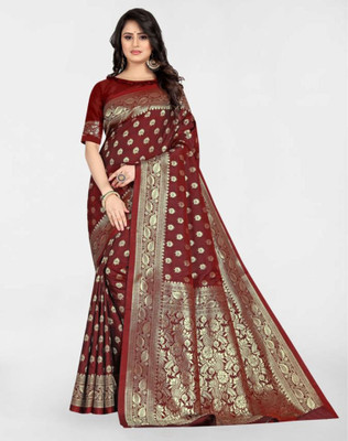 Divastri Woven Kanjivaram Silk Blend, Jacquard Saree(Maroon)