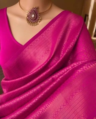 KanjiQueen Woven Kanjivaram Silk Blend Saree(Pink)