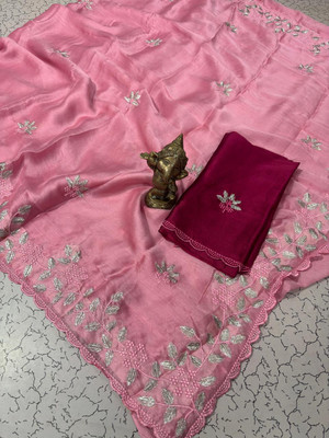 Pfancy silk Embroidered, Floral Print, Self Design, Woven Kanjivaram Polyester Saree(Pink)