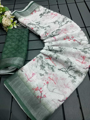 PRTRENDZ Printed Kanjivaram Cotton Linen, Linen Saree(Green)