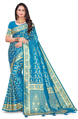 NANDKUMAR TRENDS Self Design, Woven Banarasi Satin Saree(Blue)